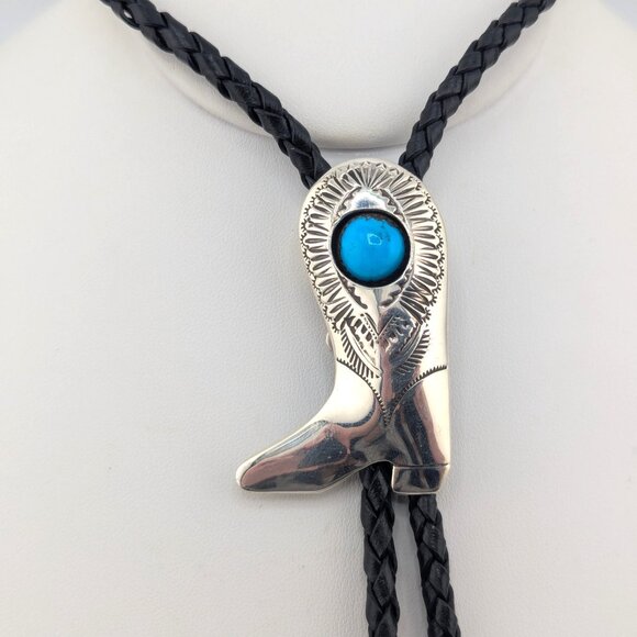 Navajo Kingman Turquoise Bolo Tie Leather Sterling Silver Southwest Accessory ** - Picture 6 of 10